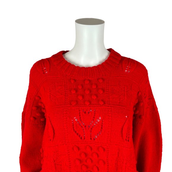 Vintage 80s Oversize Sweater Red Tulips Pom Pom's Acrylic Pullover - Picture 3 of 8
